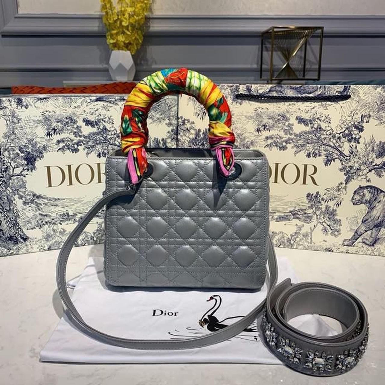 DI Medium Lady Bag Silver Hardware with Embellished Bag Strap Pearl Grey For Women 9.5in/24cm CD