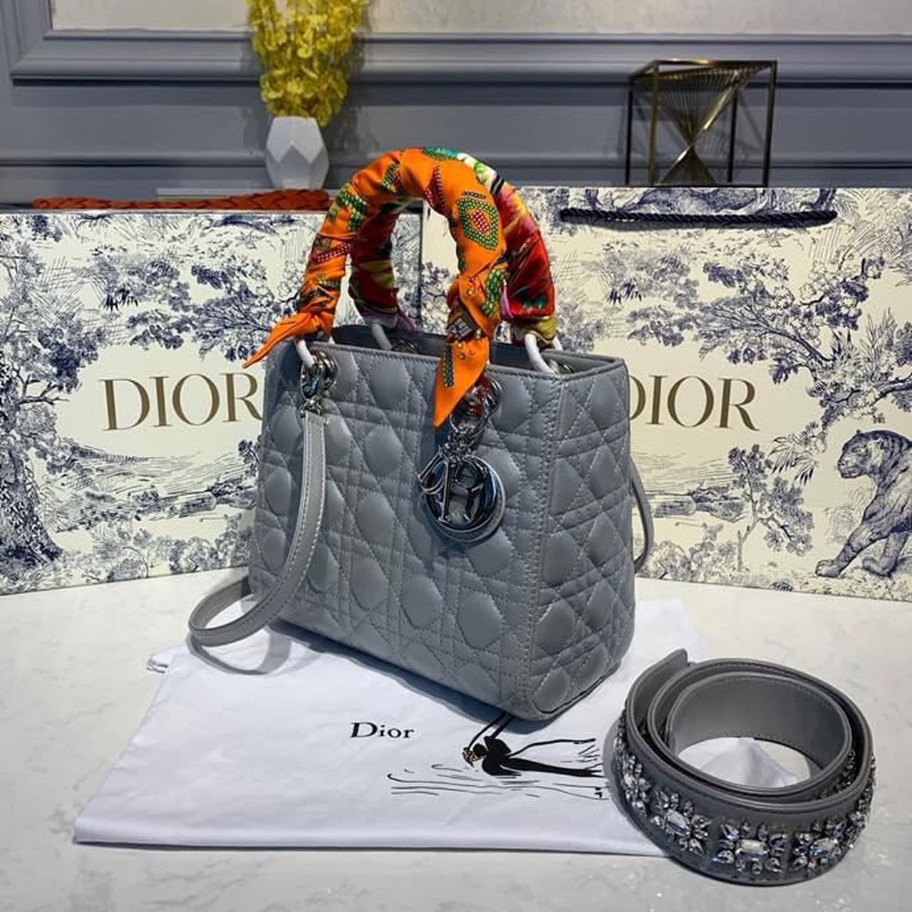 DI Medium Lady Bag Silver Hardware with Embellished Bag Strap Pearl Grey For Women 9.5in/24cm CD
