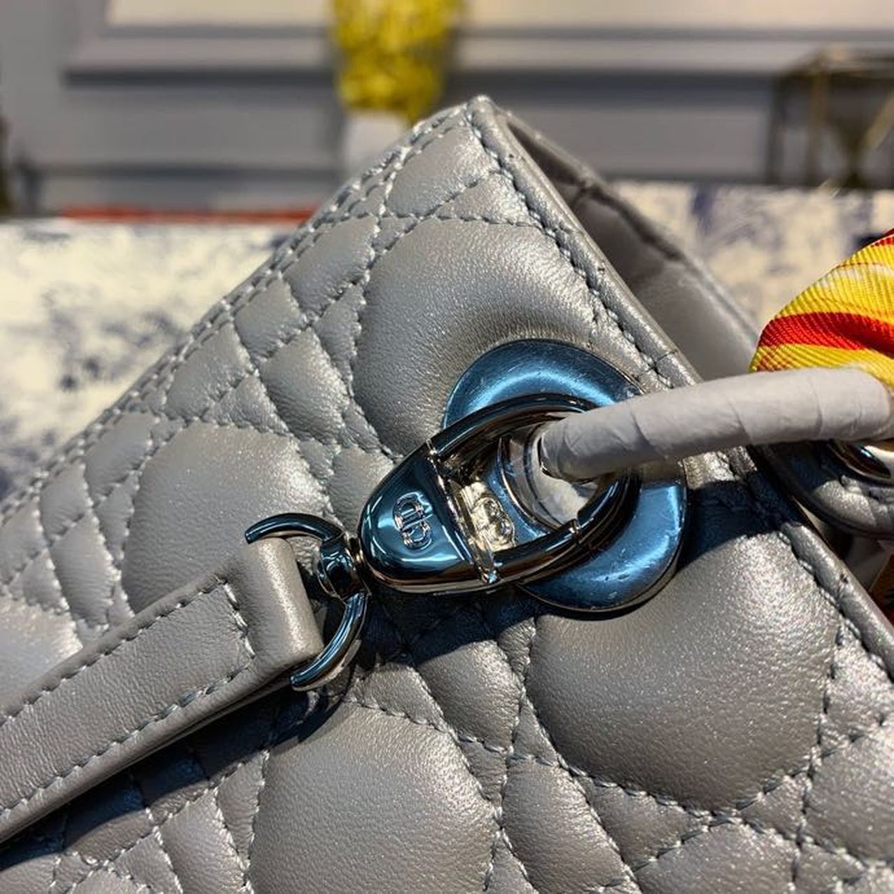 DI Medium Lady Bag Silver Hardware with Embellished Bag Strap Pearl Grey For Women 9.5in/24cm CD