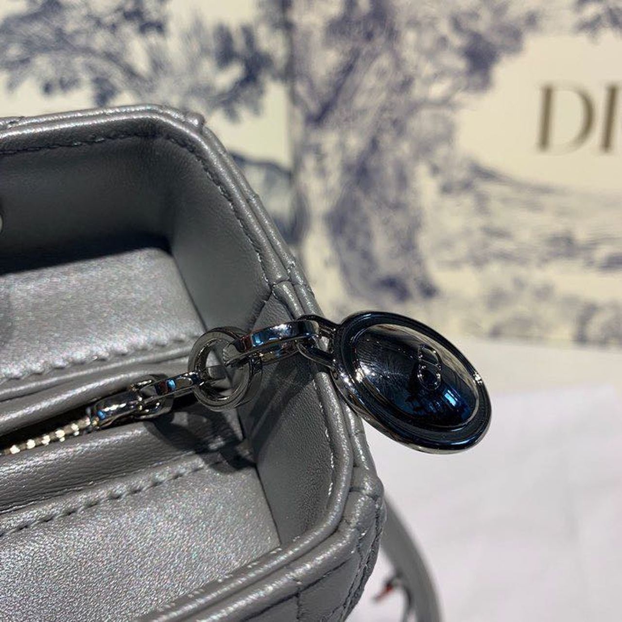 DI Medium Lady Bag Silver Hardware with Embellished Bag Strap Pearl Grey For Women 9.5in/24cm CD