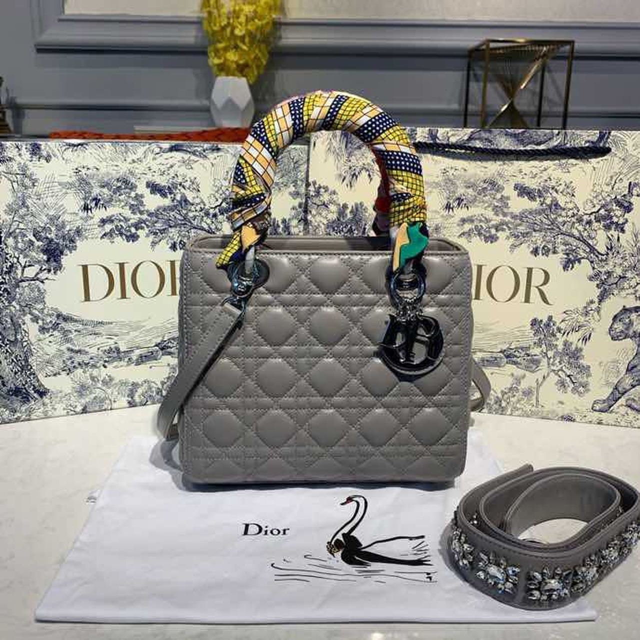 DI Medium Lady Bag Silver Hardware with Embellished Bag Strap Grey For Women 9.5in/24cm CD