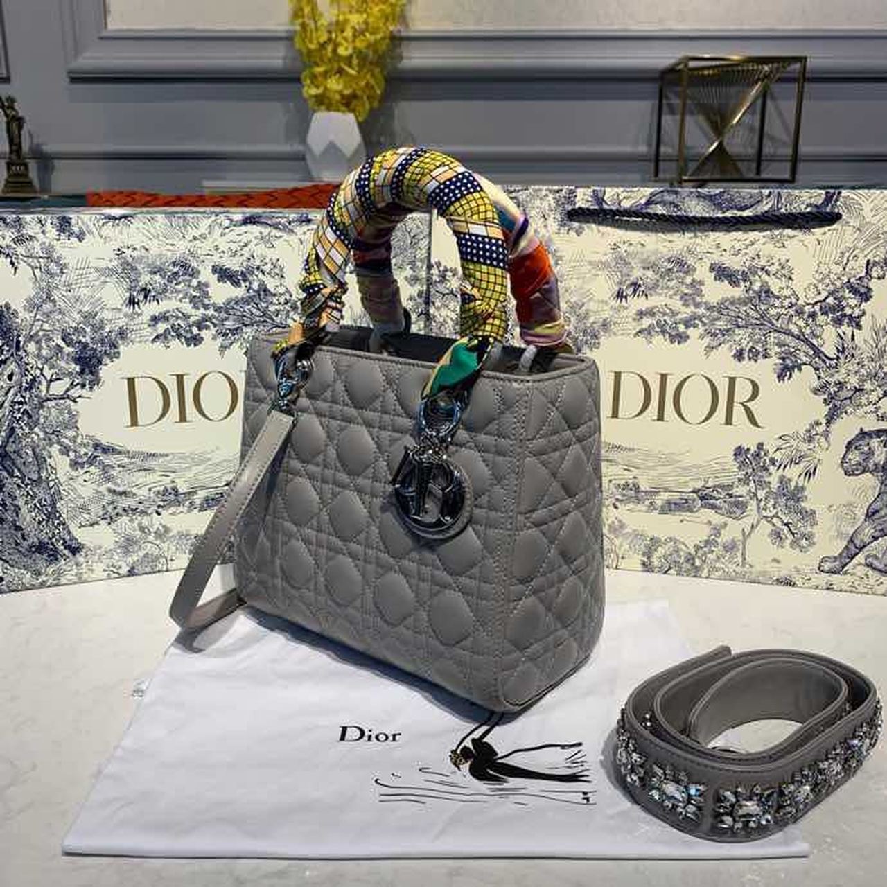 DI Medium Lady Bag Silver Hardware with Embellished Bag Strap Grey For Women 9.5in/24cm CD