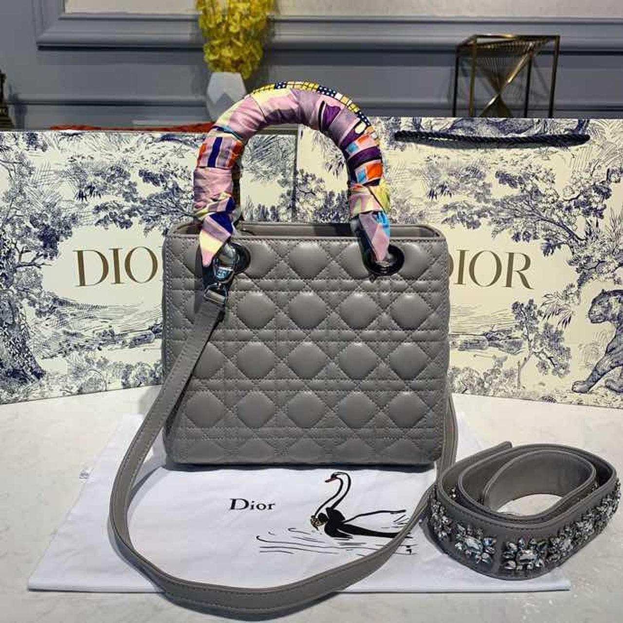 DI Medium Lady Bag Silver Hardware with Embellished Bag Strap Grey For Women 9.5in/24cm CD