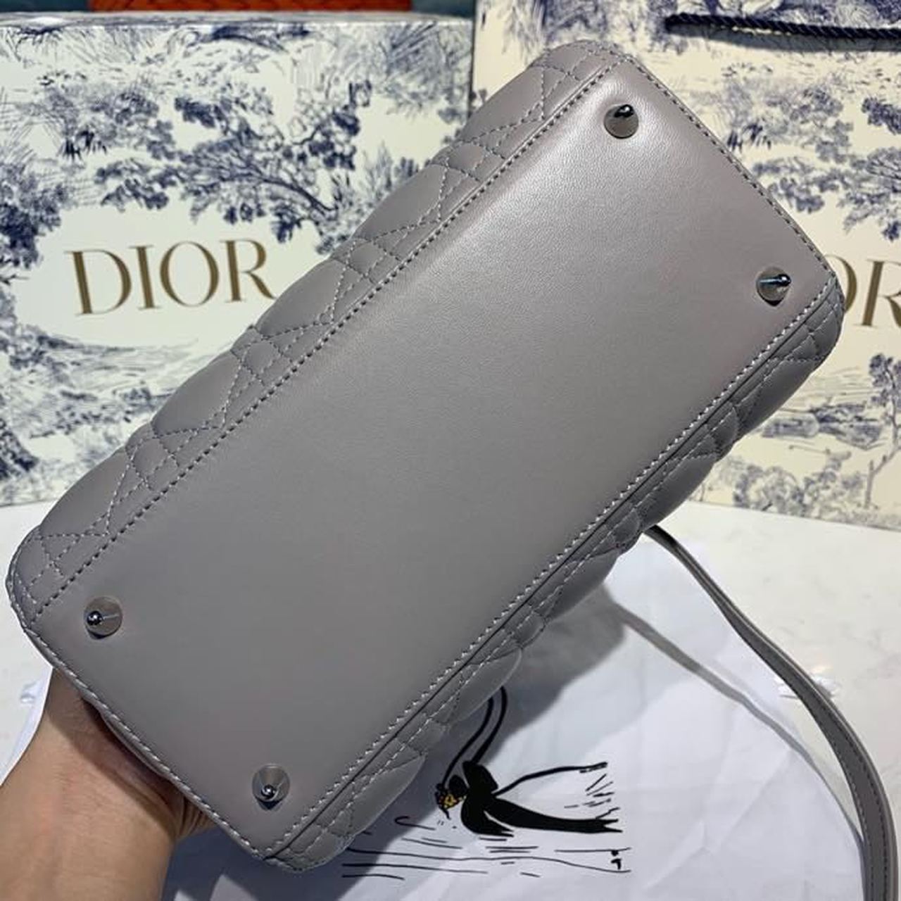 DI Medium Lady Bag Silver Hardware with Embellished Bag Strap Grey For Women 9.5in/24cm CD