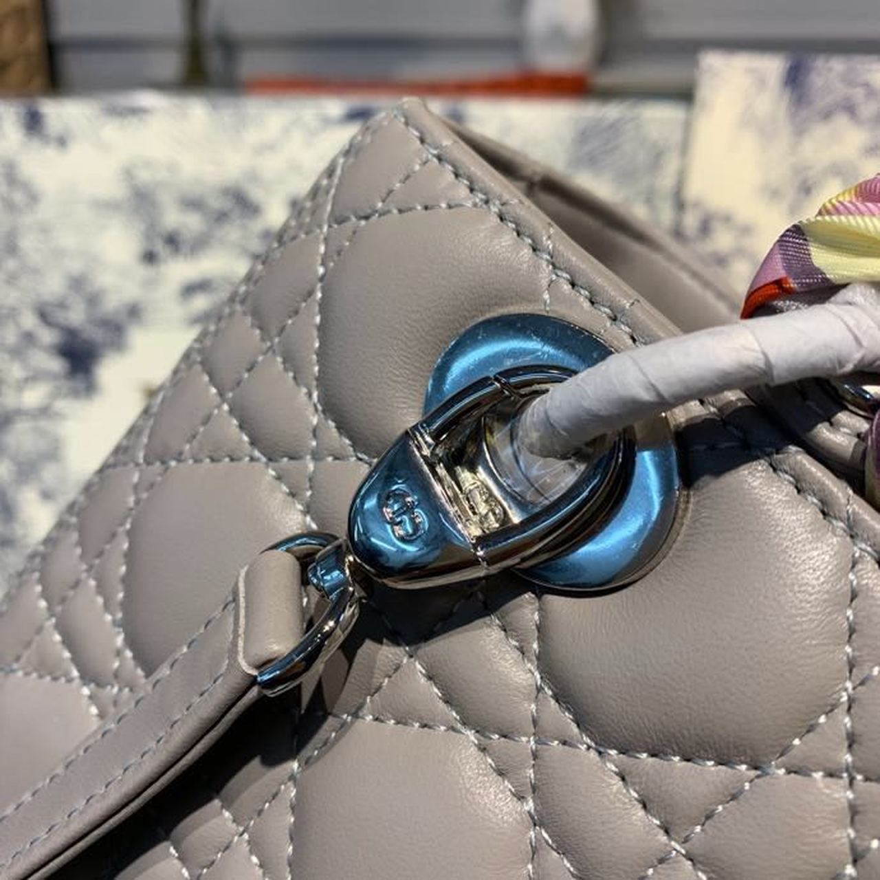 DI Medium Lady Bag Silver Hardware with Embellished Bag Strap Grey For Women 9.5in/24cm CD