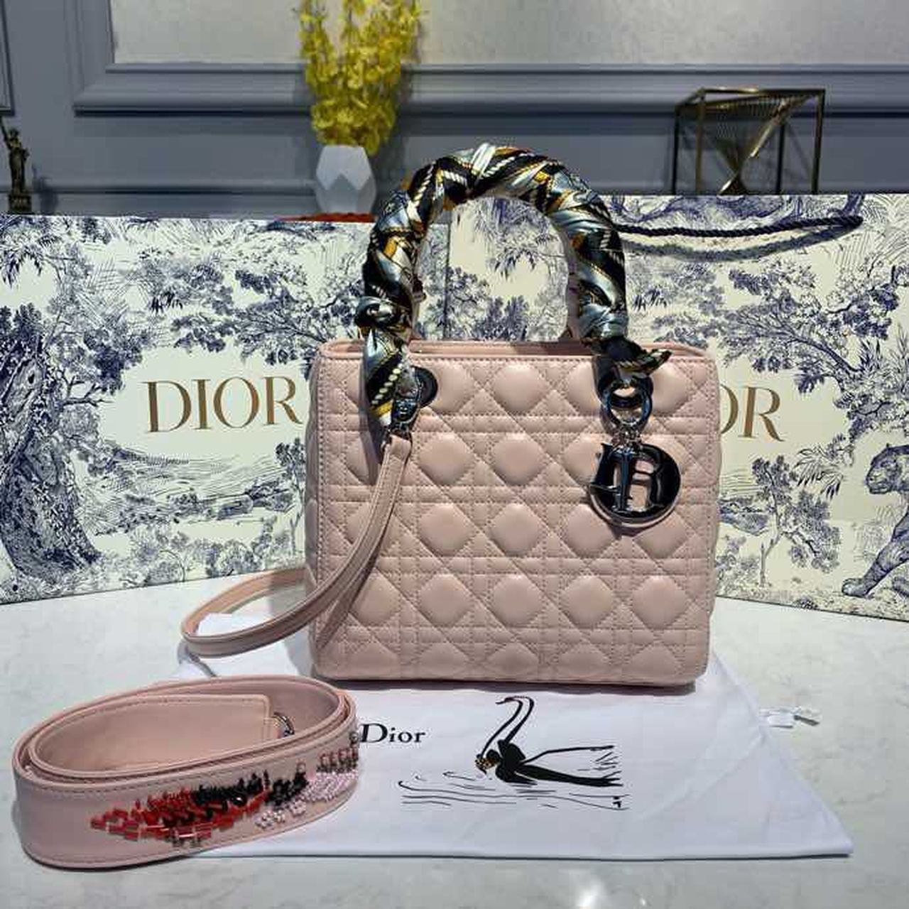 DI Medium Lady Bag Silver Hardware with Embellished Bag Strap Pink For Women 9.5in/24cm CD