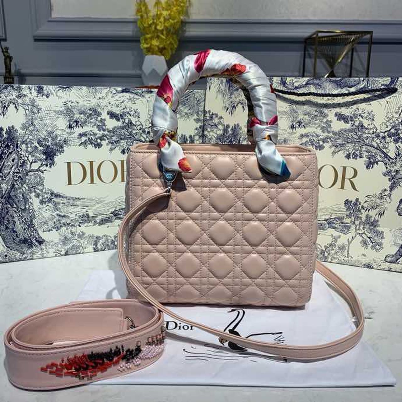 DI Medium Lady Bag Silver Hardware with Embellished Bag Strap Pink For Women 9.5in/24cm CD