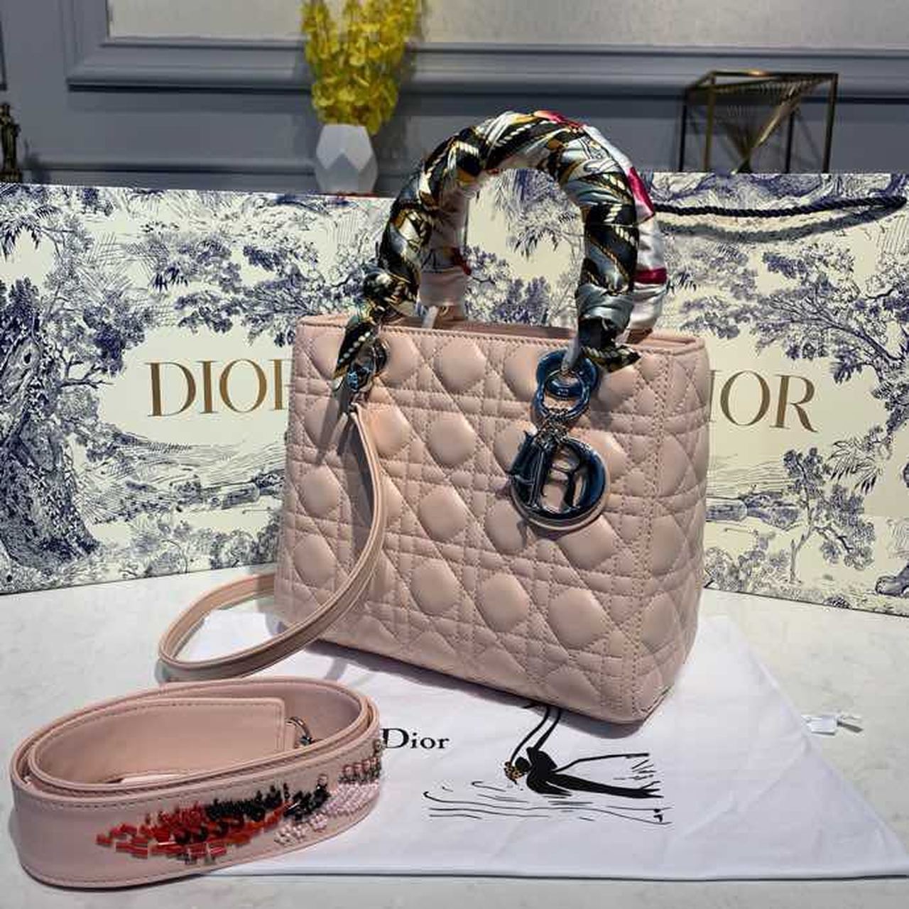 DI Medium Lady Bag Silver Hardware with Embellished Bag Strap Pink For Women 9.5in/24cm CD