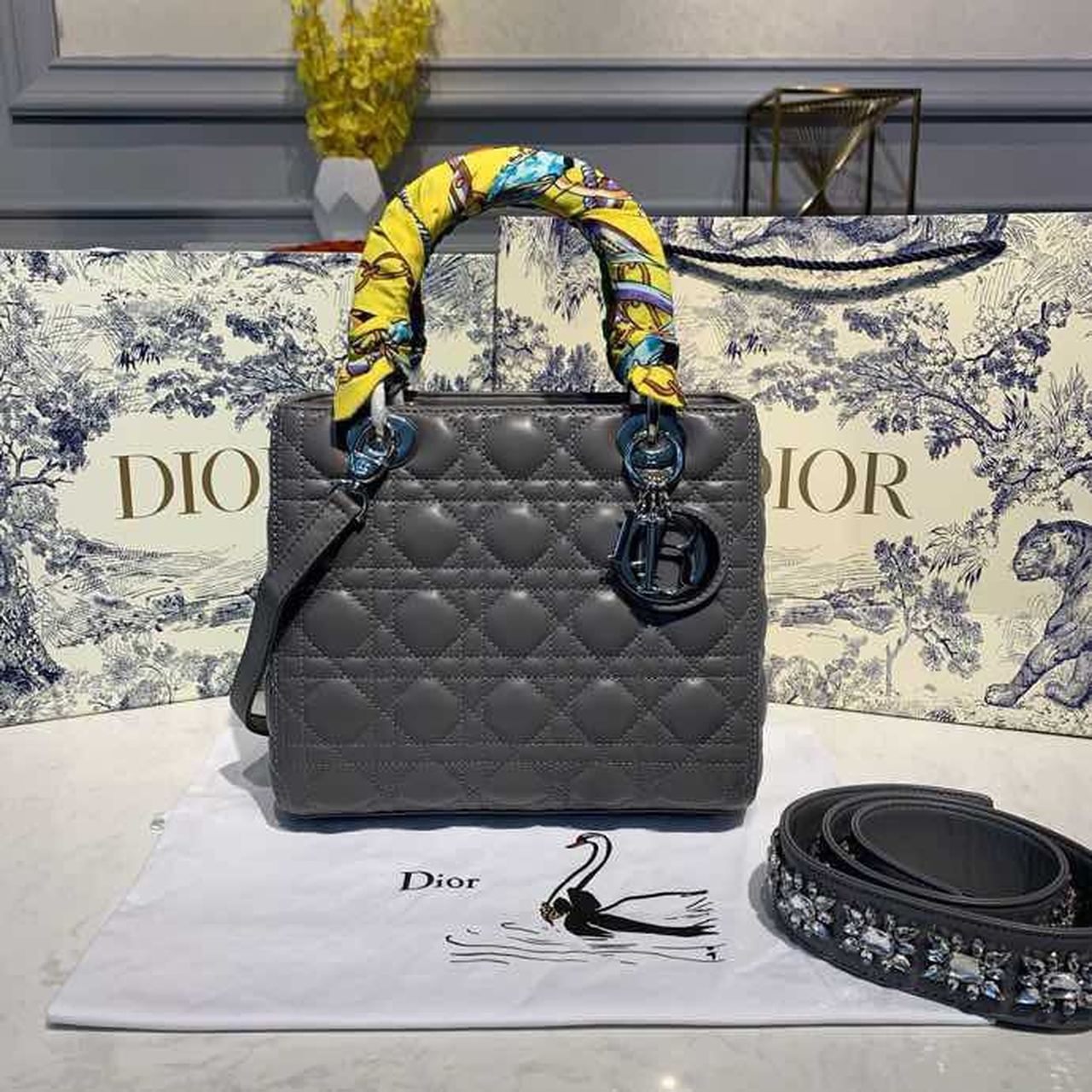DI Medium Lady Bag Silver Hardware with Embellished Bag Strap Dark Grey For Women 9.5in/24cm CD