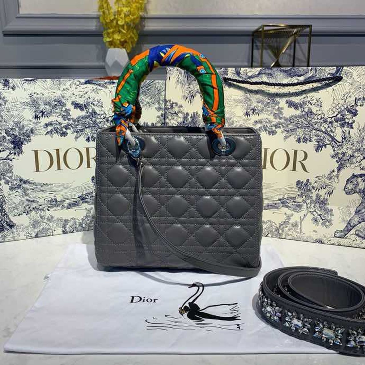 DI Medium Lady Bag Silver Hardware with Embellished Bag Strap Dark Grey For Women 9.5in/24cm CD