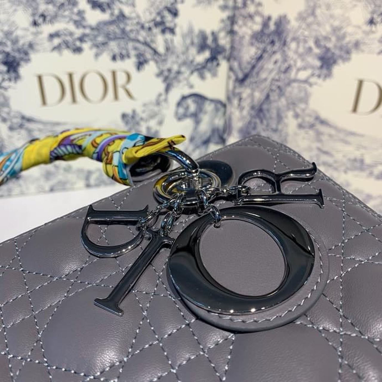 DI Medium Lady Bag Silver Hardware with Embellished Bag Strap Dark Grey For Women 9.5in/24cm CD