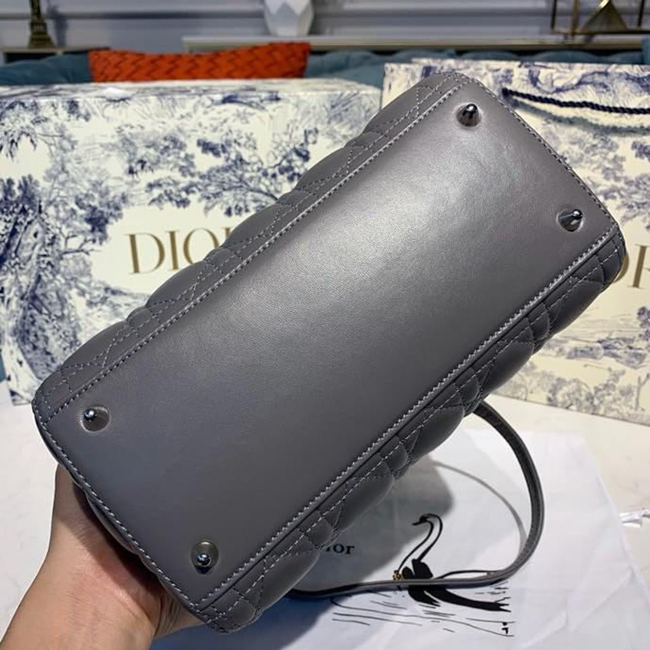 DI Medium Lady Bag Silver Hardware with Embellished Bag Strap Dark Grey For Women 9.5in/24cm CD