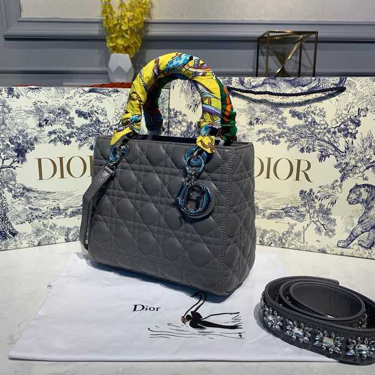 DI Medium Lady Bag Silver Hardware with Embellished Bag Strap Dark Grey For Women 9.5in/24cm CD