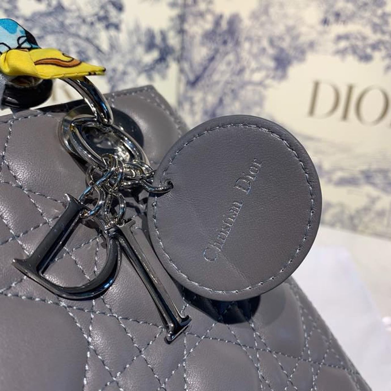 DI Medium Lady Bag Silver Hardware with Embellished Bag Strap Dark Grey For Women 9.5in/24cm CD