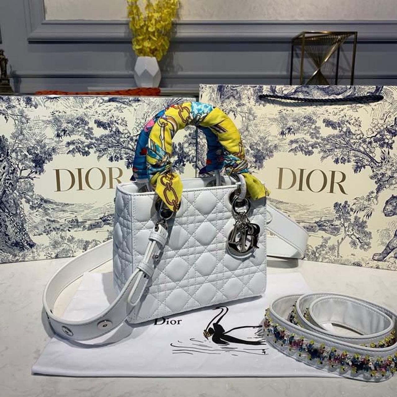 DI Small Lady Bag Silver Hardware with Embellished Bag Strap White For Women 8in/20cm CD