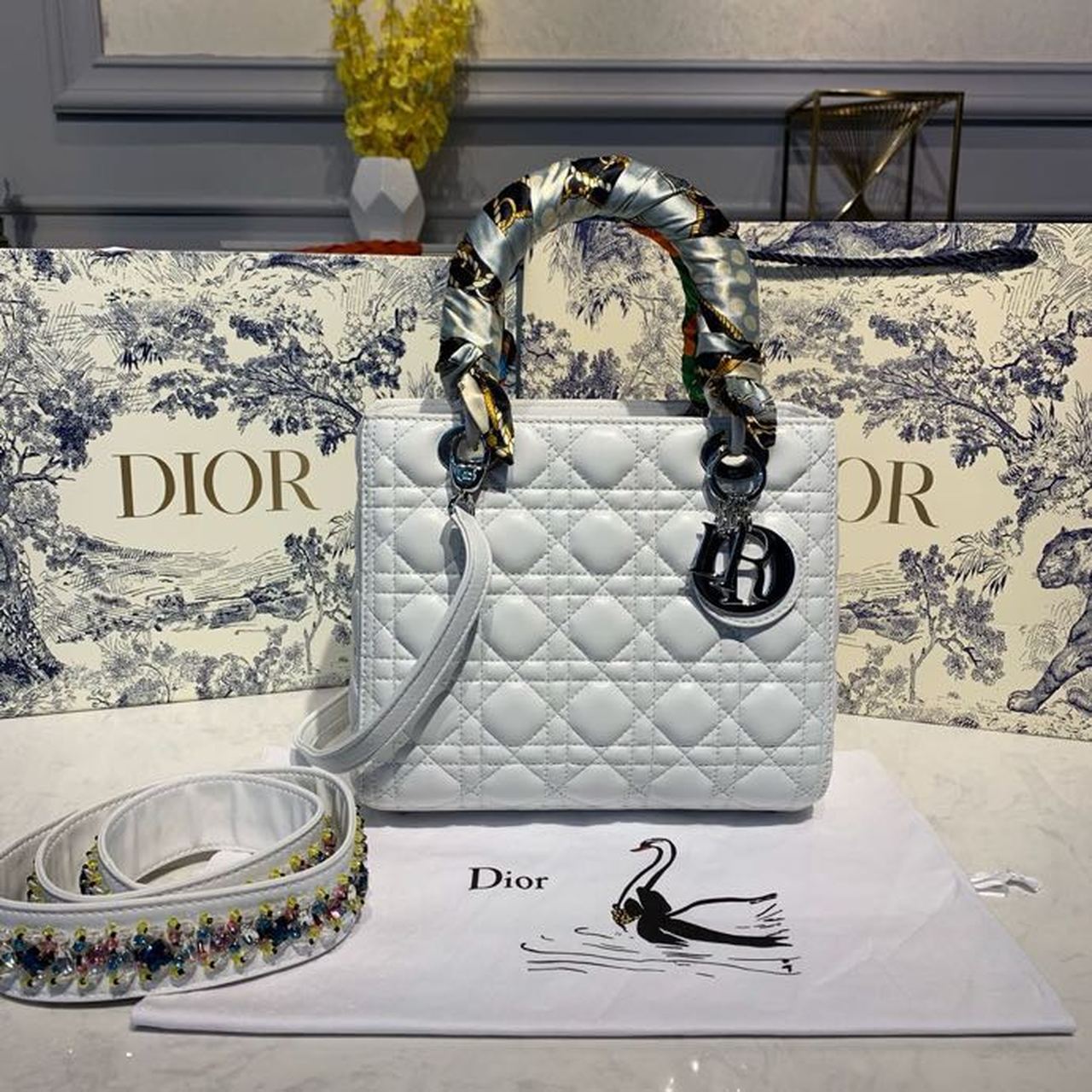 DI Medium Lady Bag Silver Hardware with Embellished Bag Strap White For Women 9.5in/24cm CD
