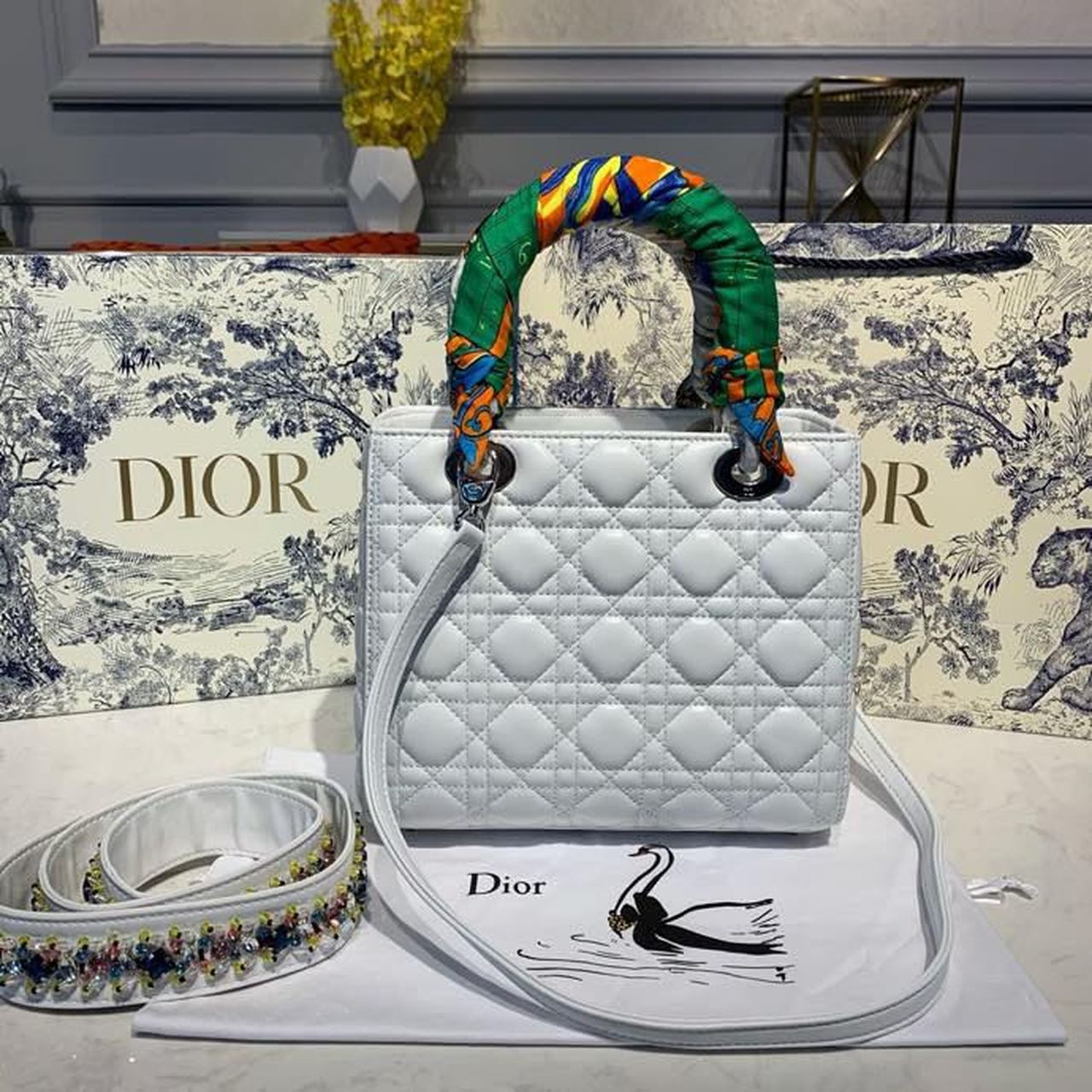 DI Medium Lady Bag Silver Hardware with Embellished Bag Strap White For Women 9.5in/24cm CD