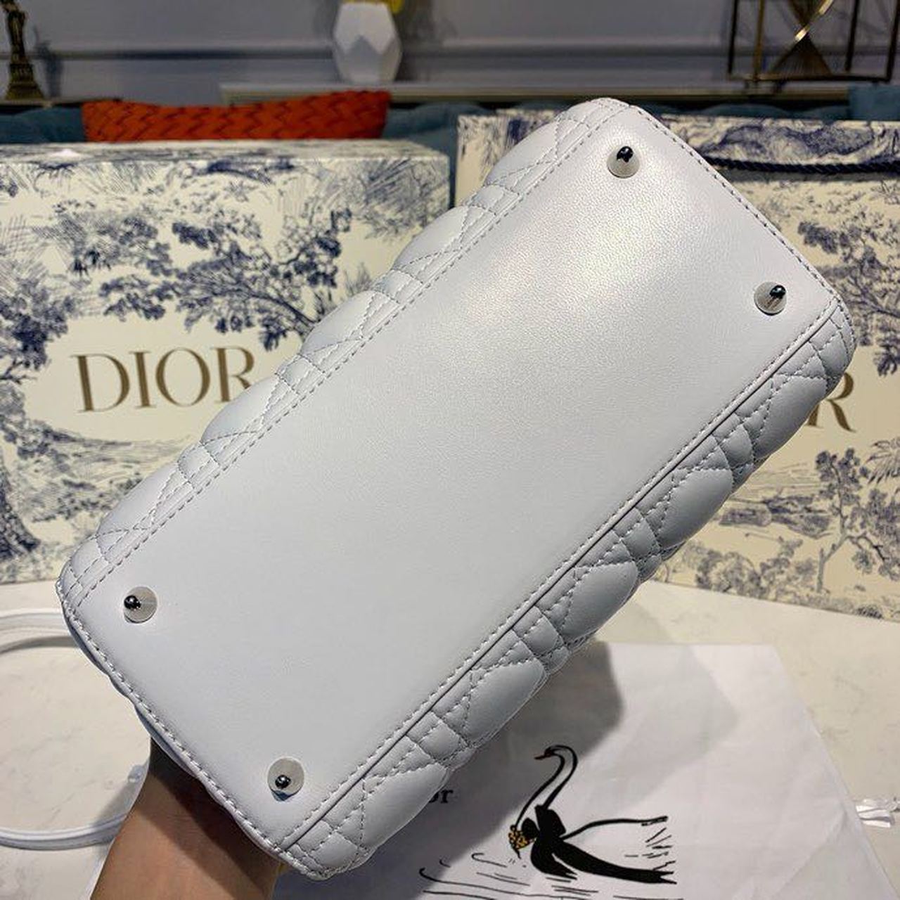DI Medium Lady Bag Silver Hardware with Embellished Bag Strap White For Women 9.5in/24cm CD