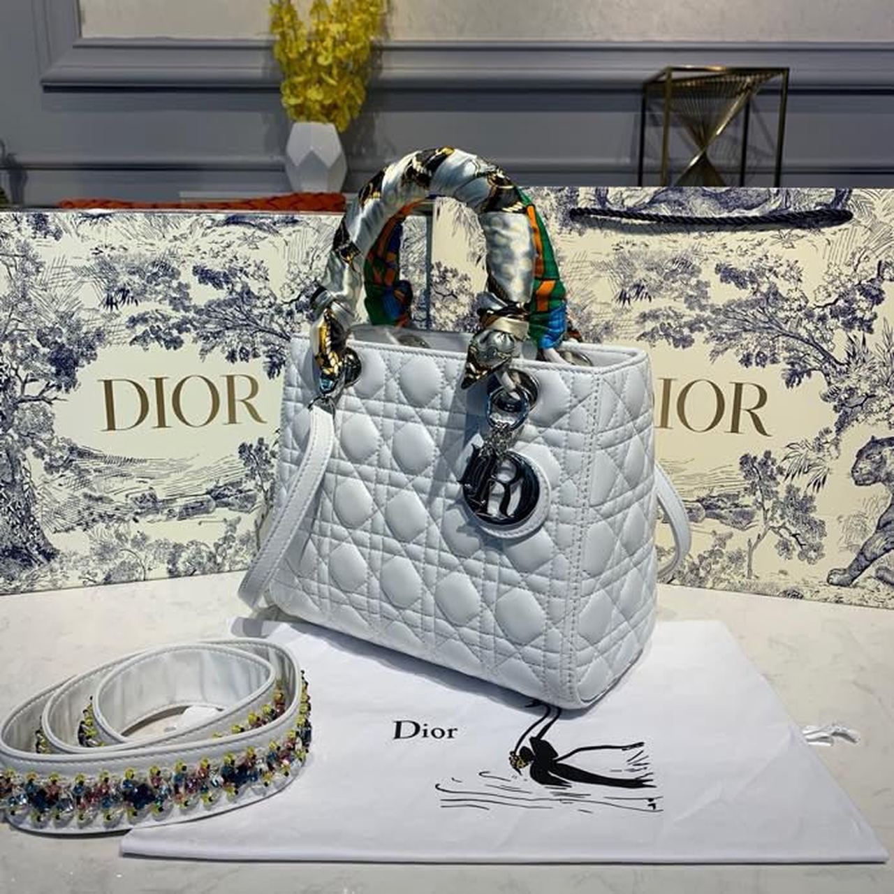 DI Medium Lady Bag Silver Hardware with Embellished Bag Strap White For Women 9.5in/24cm CD