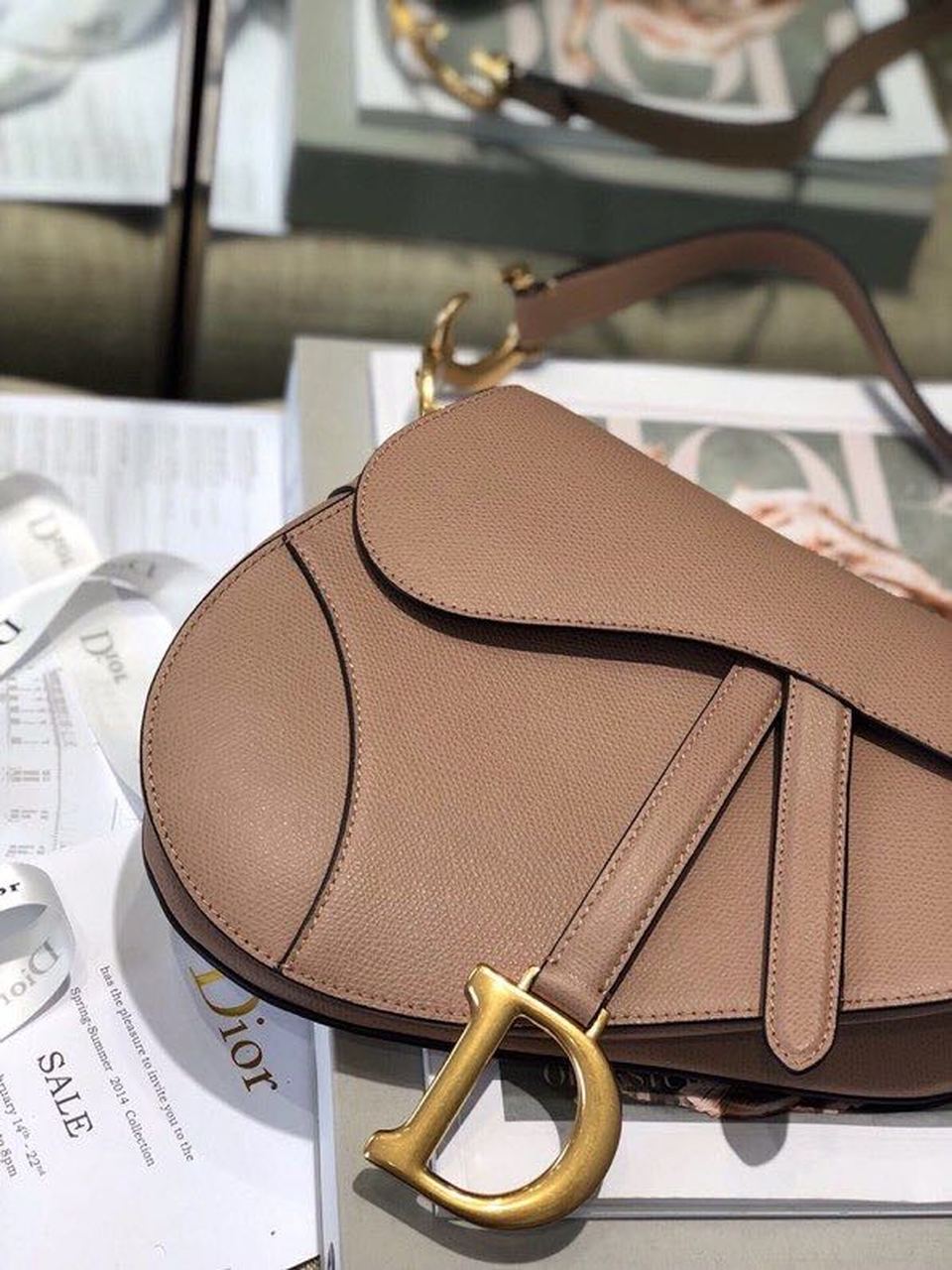 DI Warm Taupe Grained Saddle Bag Gold Toned Hardware Canvas For Women 25cm/10in CD M0446CBAA_M45M