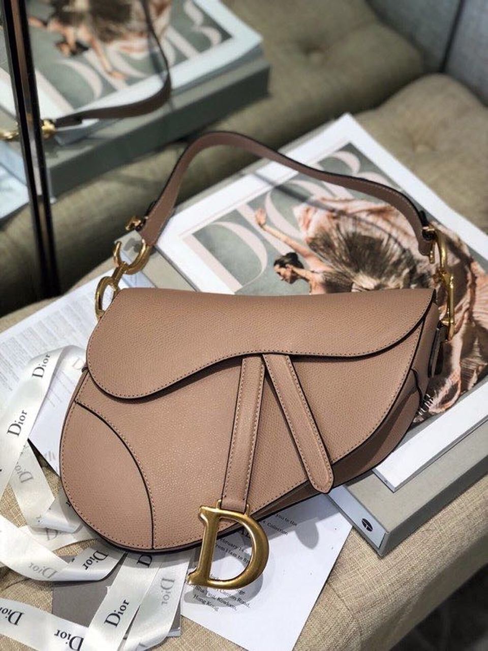 DI Warm Taupe Grained Saddle Bag Gold Toned Hardware Canvas For Women 25cm/10in CD M0446CBAA_M45M