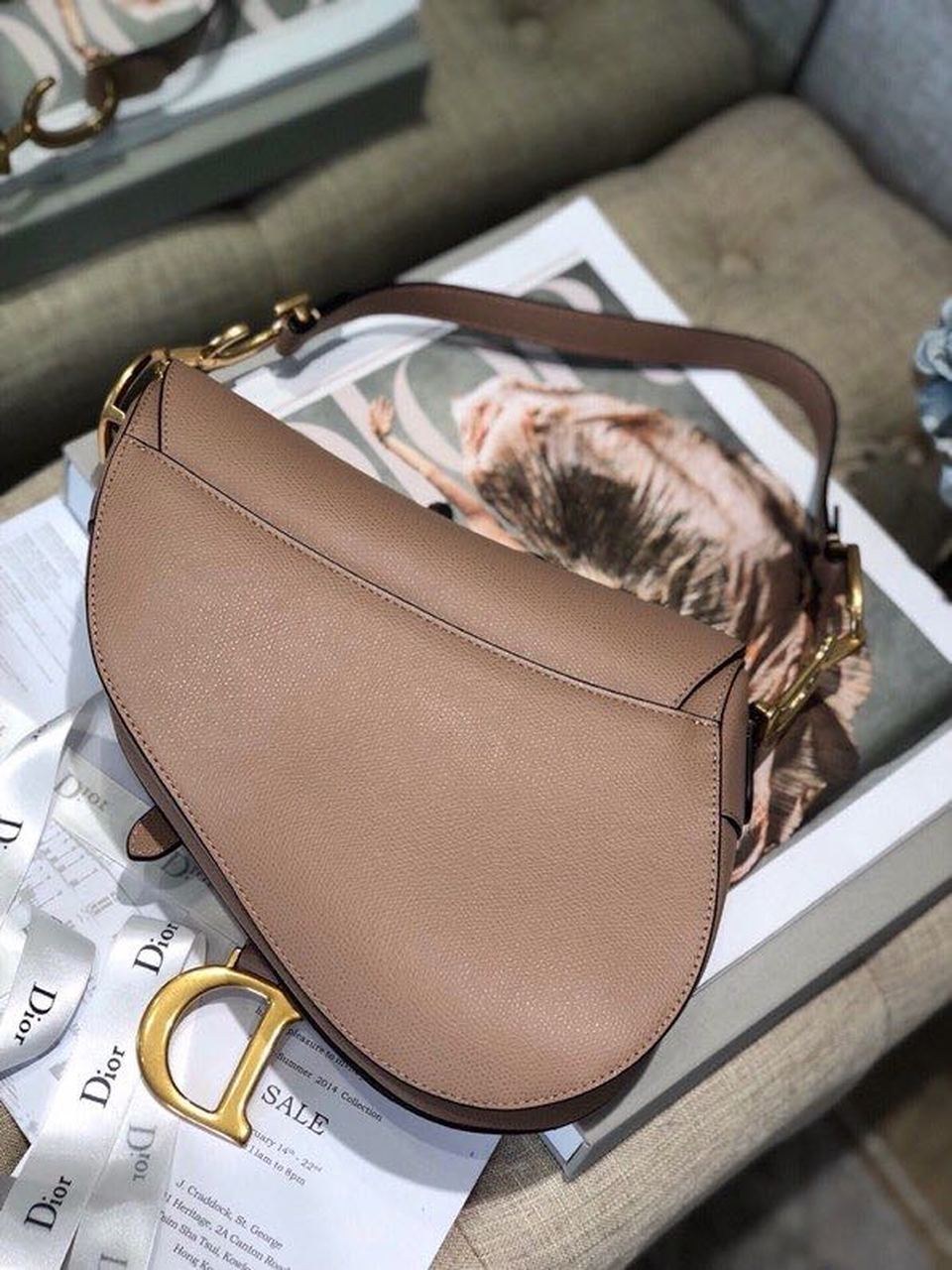 DI Warm Taupe Grained Saddle Bag Gold Toned Hardware Canvas For Women 25cm/10in CD M0446CBAA_M45M