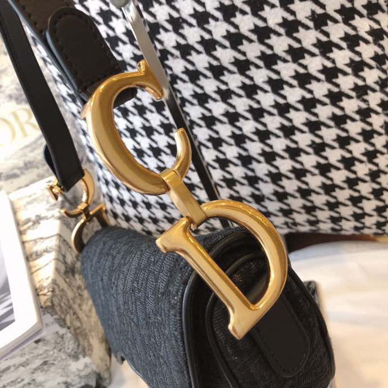 DI Saddle Bag Black Oblique Embroidered Canvas Gold Toned Hardware For Women 25cm/10in CD