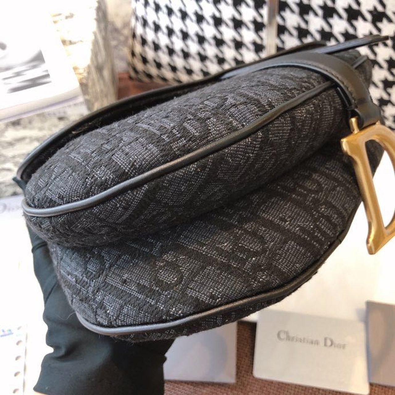 DI Saddle Bag Black Oblique Embroidered Canvas Gold Toned Hardware For Women 25cm/10in CD