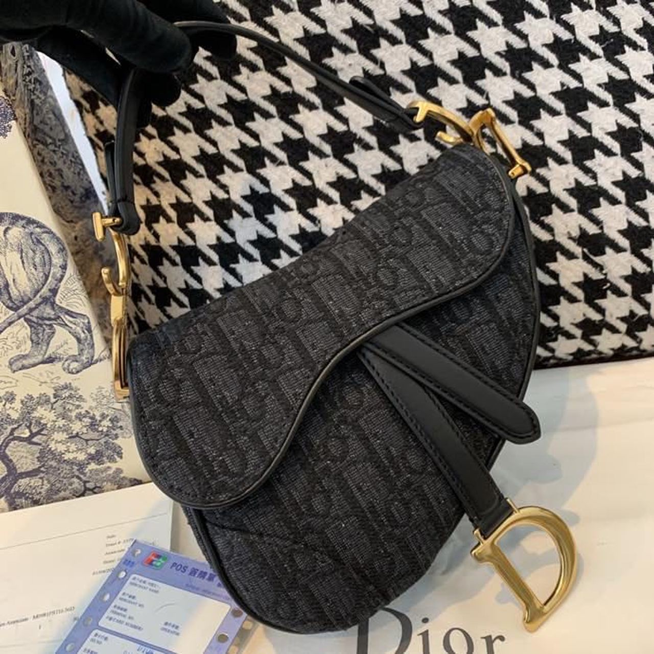 DI Saddle Bag Black Oblique Embroidered Canvas Gold Toned Hardware For Women 19.5cm/7.6in CD