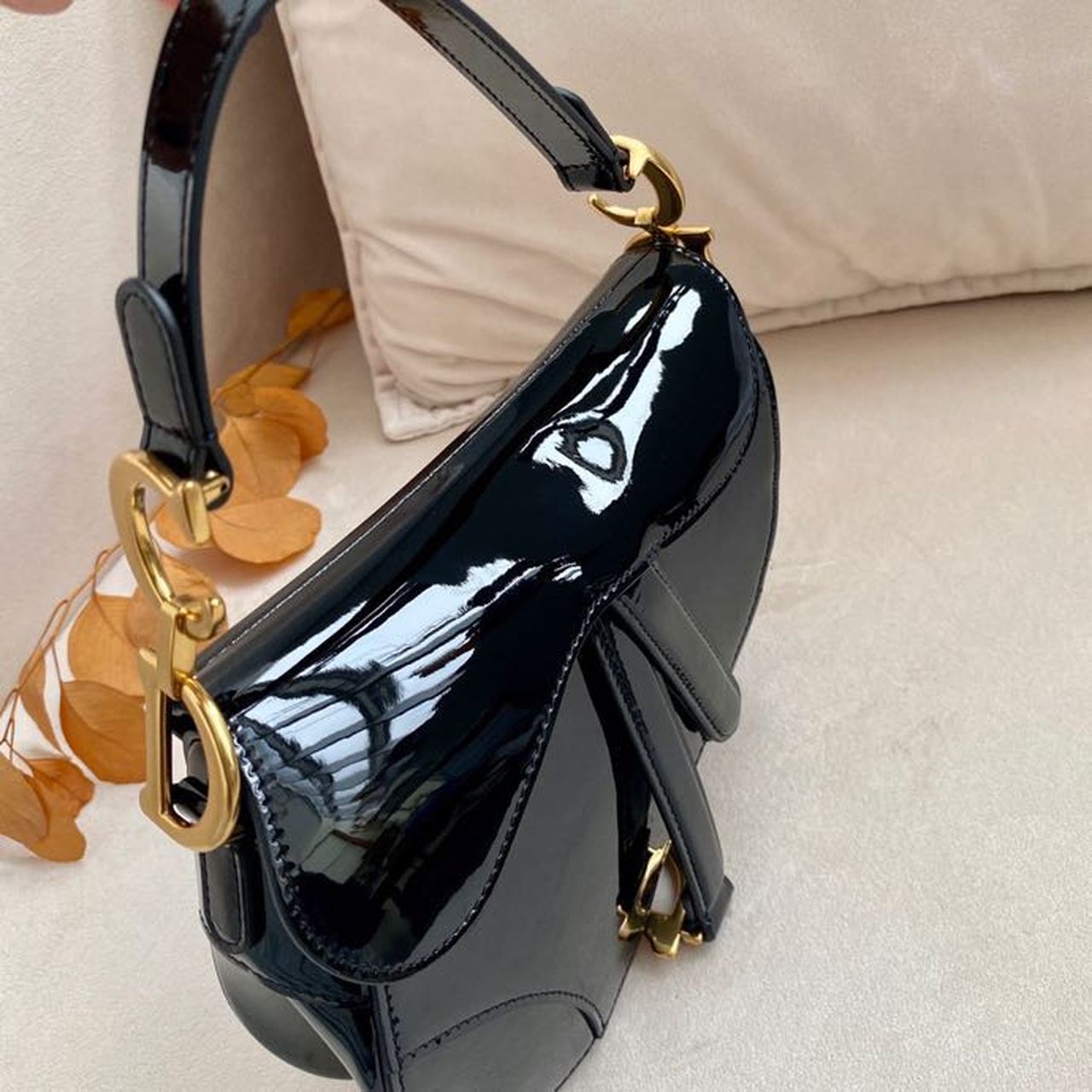 DI Saddle Bag Black Patent Gold Toned Hardware For Women 19.5cm/7.6in CD