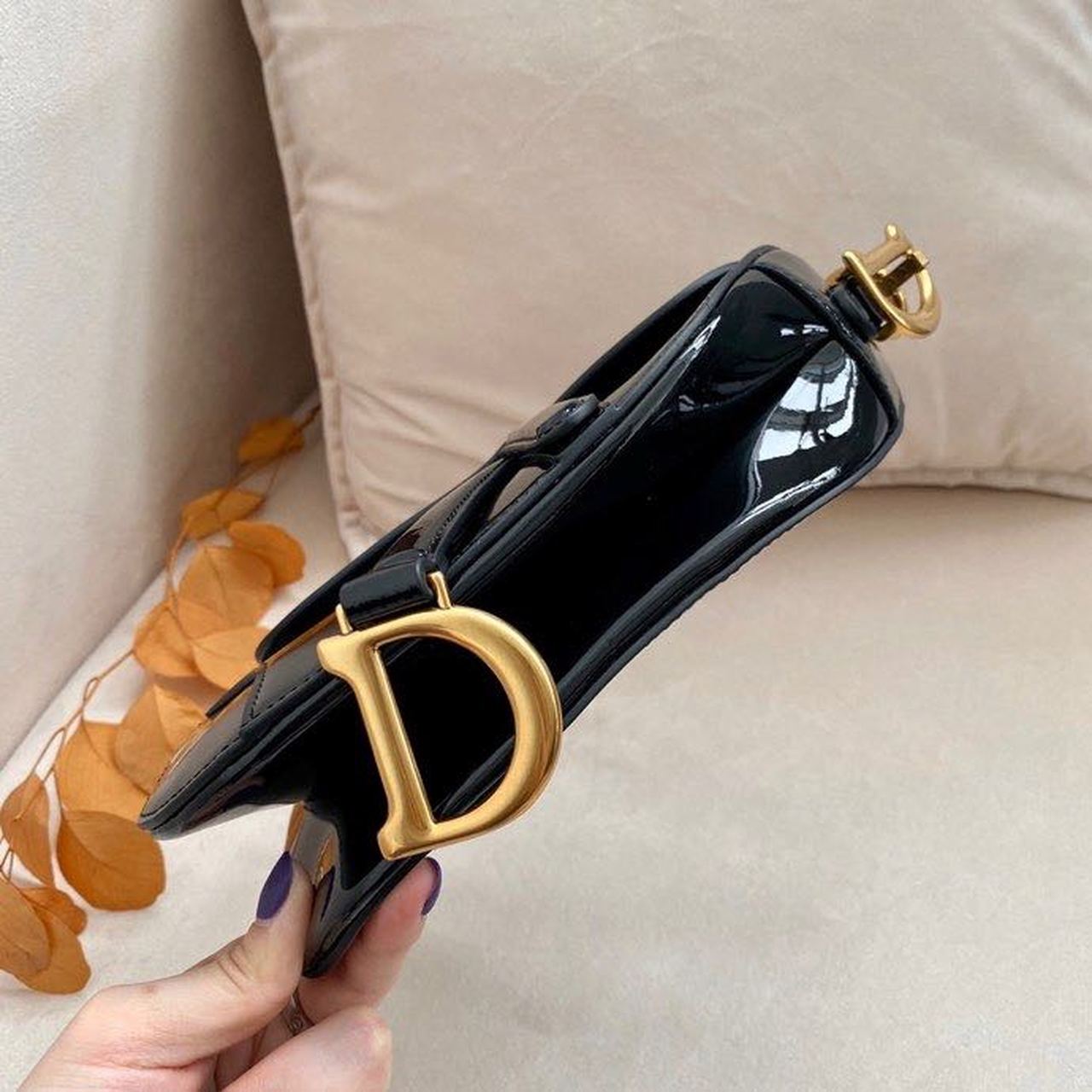 DI Saddle Bag Black Patent Gold Toned Hardware For Women 19.5cm/7.6in CD
