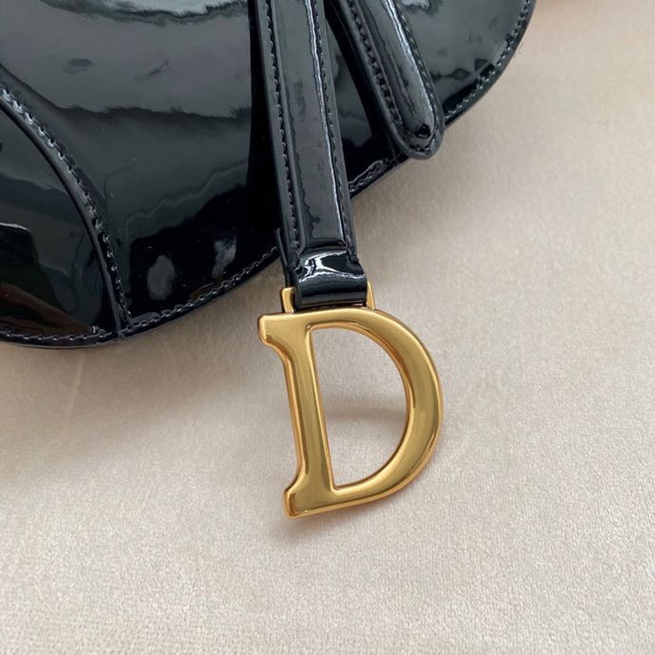 DI Saddle Bag Black Patent Gold Toned Hardware For Women 19.5cm/7.6in CD