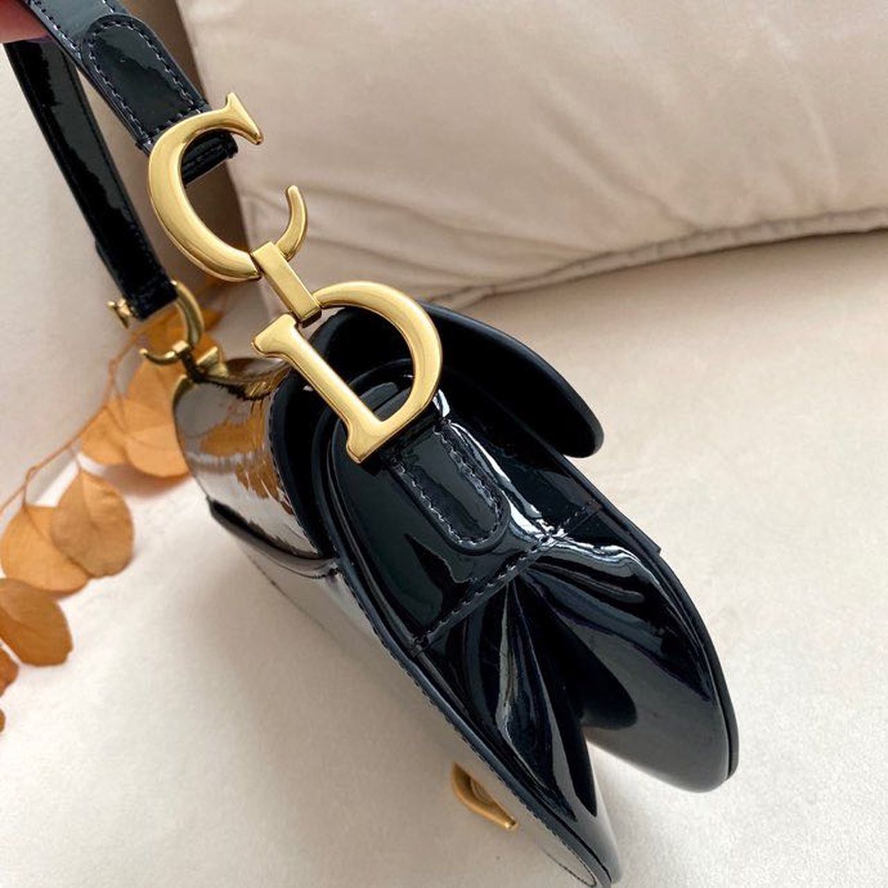 DI Saddle Bag Black Patent Gold Toned Hardware For Women 19.5cm/7.6in CD