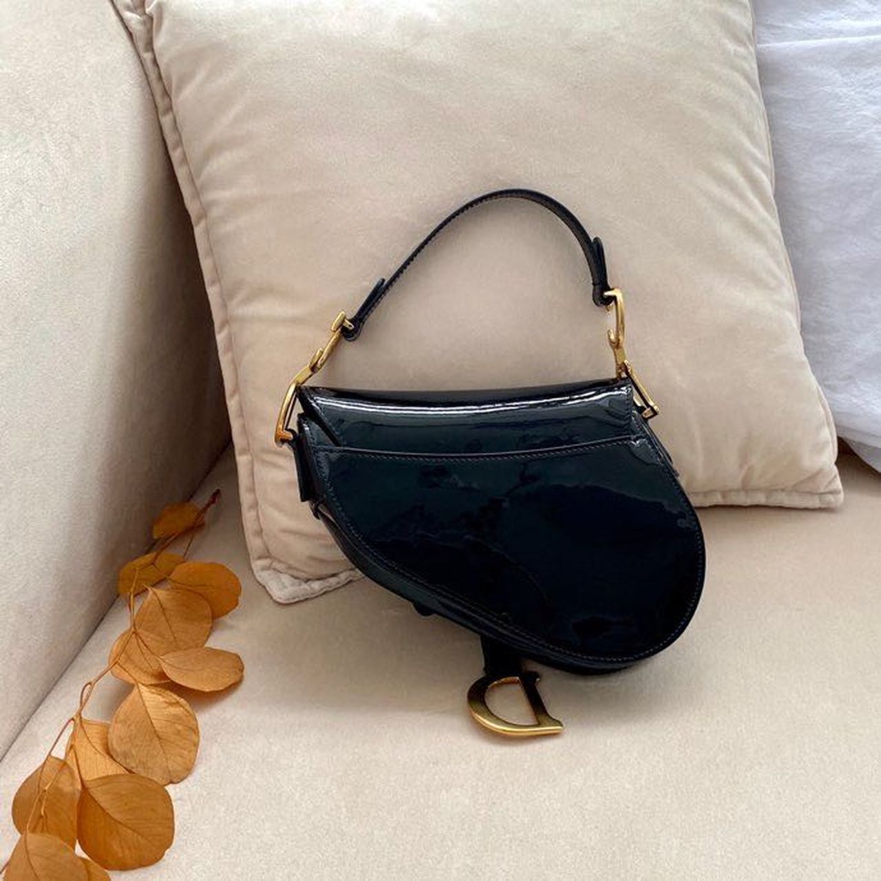 DI Saddle Bag Black Patent Gold Toned Hardware For Women 19.5cm/7.6in CD