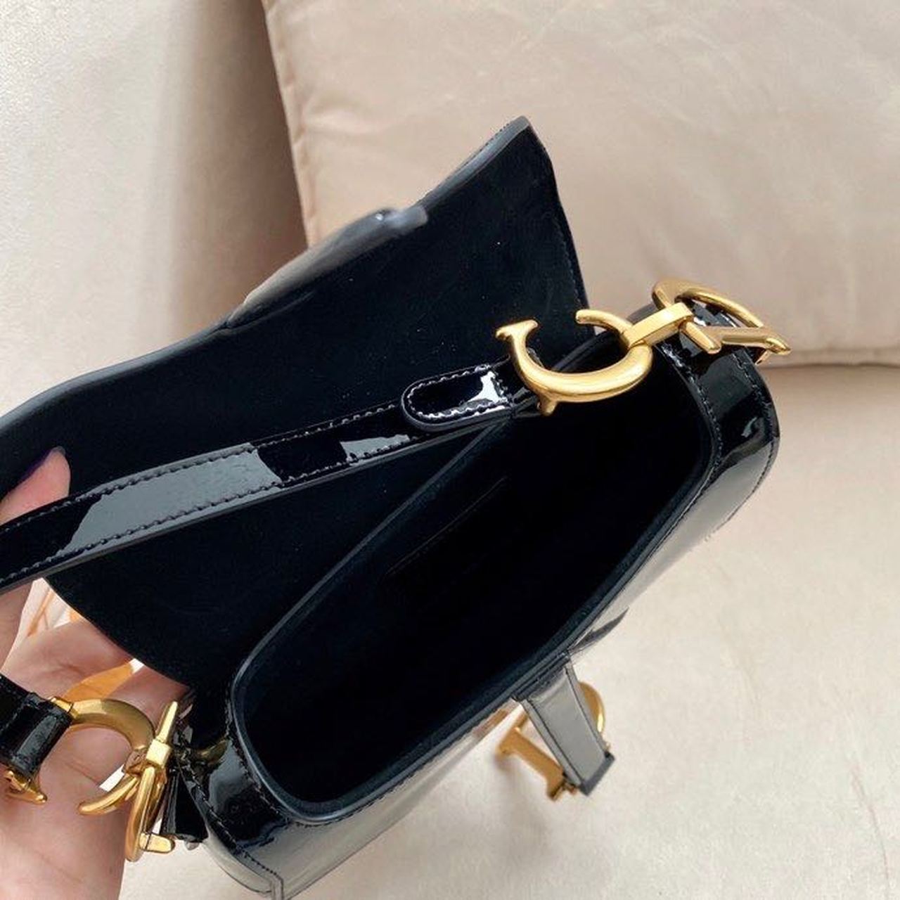 DI Saddle Bag Black Patent Gold Toned Hardware For Women 19.5cm/7.6in CD