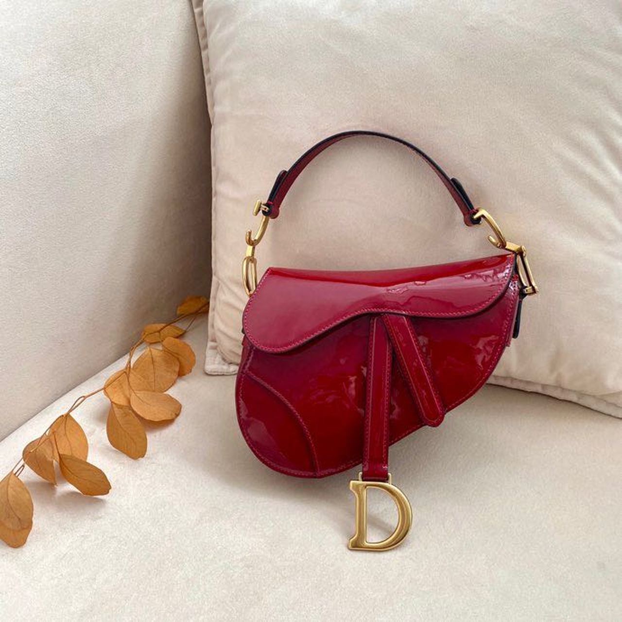DI Micro Saddle Bag Red Patent Gold Toned Hardware For Women 19.5cm/7.6in CD