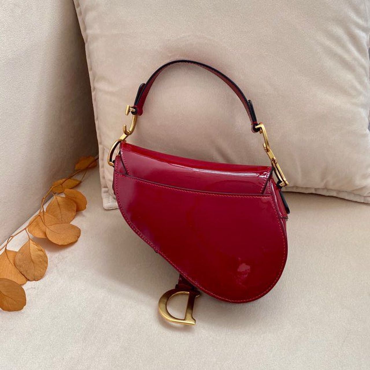 DI Micro Saddle Bag Red Patent Gold Toned Hardware For Women 19.5cm/7.6in CD