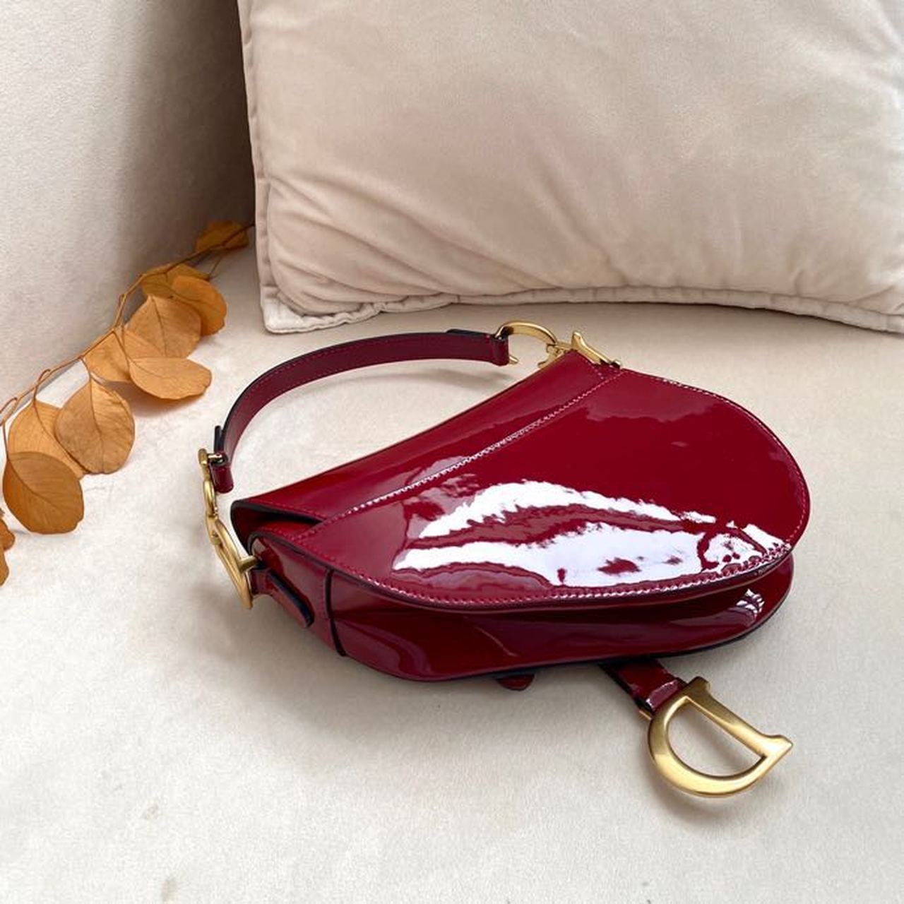 DI Micro Saddle Bag Red Patent Gold Toned Hardware For Women 19.5cm/7.6in CD