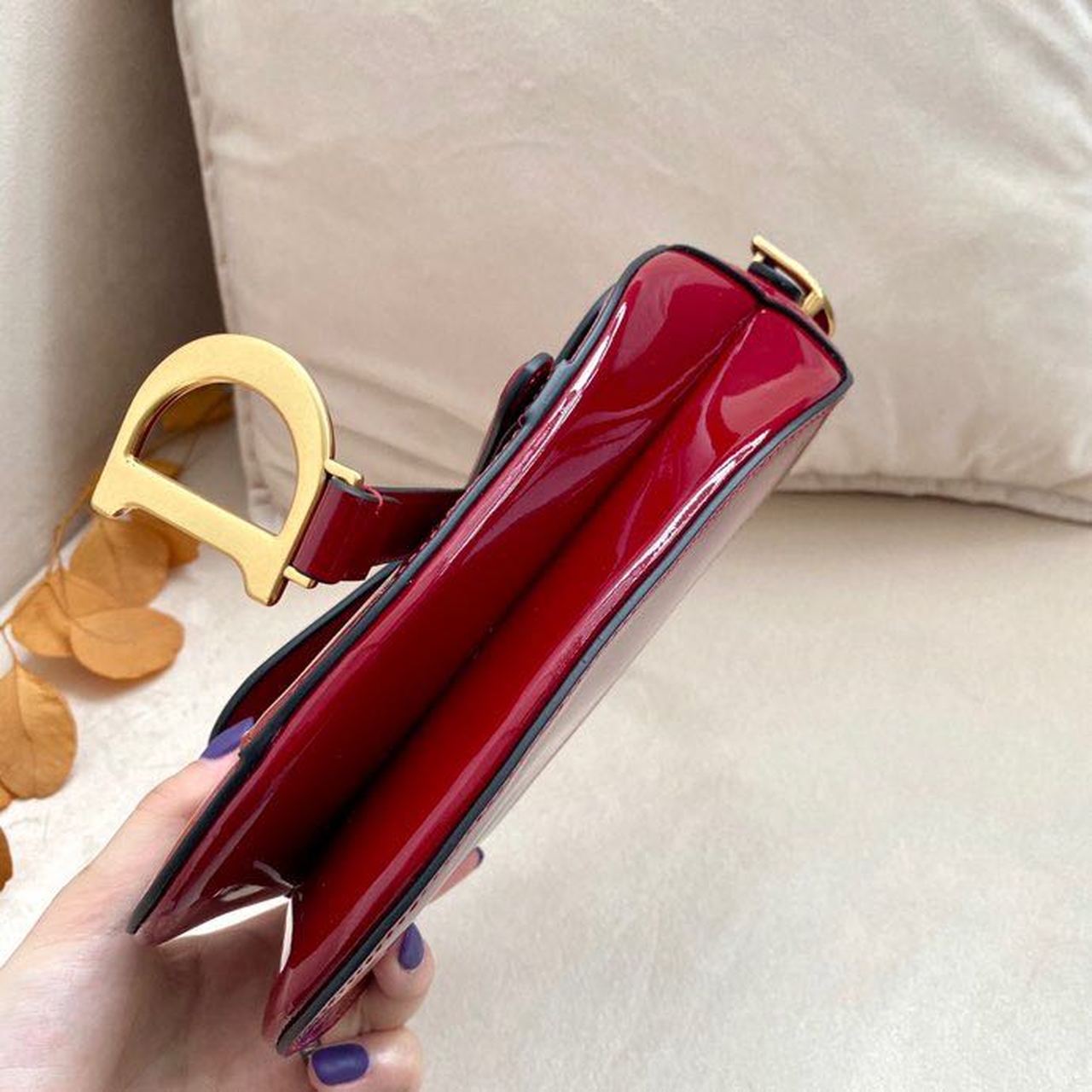 DI Micro Saddle Bag Red Patent Gold Toned Hardware For Women 19.5cm/7.6in CD