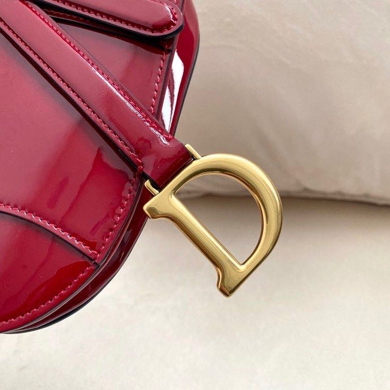 DI Micro Saddle Bag Red Patent Gold Toned Hardware For Women 19.5cm/7.6in CD