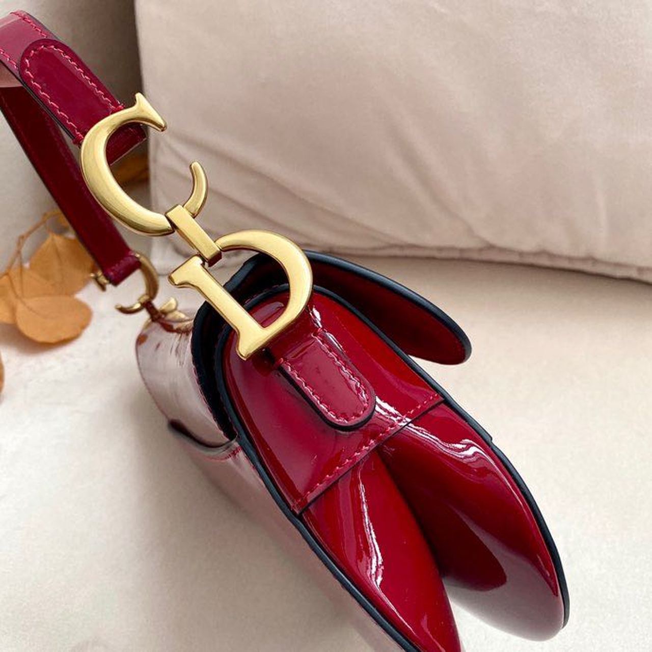 DI Micro Saddle Bag Red Patent Gold Toned Hardware For Women 19.5cm/7.6in CD