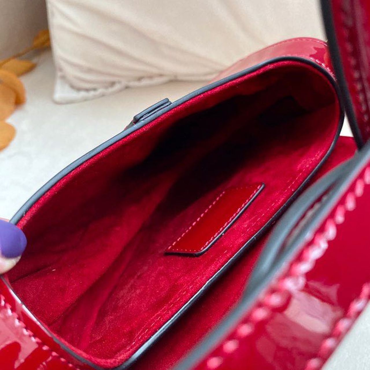 DI Micro Saddle Bag Red Patent Gold Toned Hardware For Women 19.5cm/7.6in CD