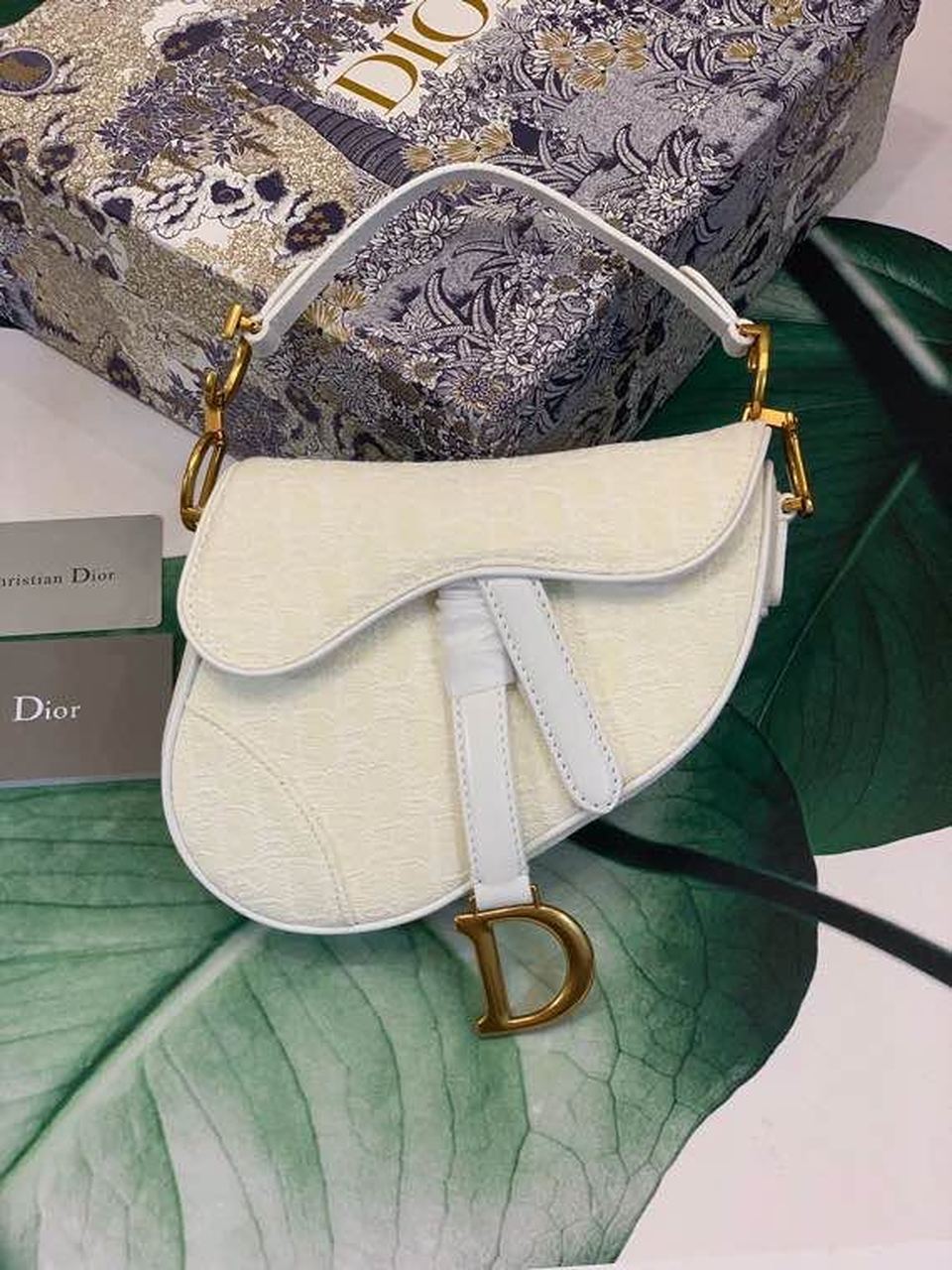 DI Saddle Bag White Oblique Embroidered Canvas Gold Toned Hardware For Women 21cm/8.5in CD