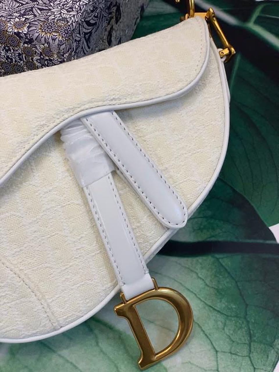 DI Saddle Bag White Oblique Embroidered Canvas Gold Toned Hardware For Women 21cm/8.5in CD