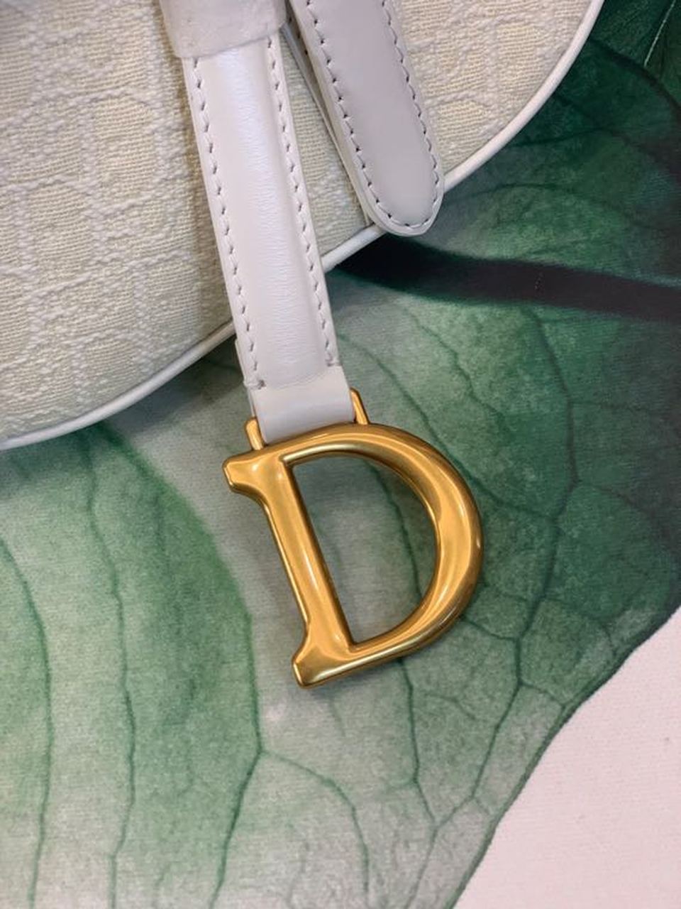 DI Saddle Bag White Oblique Embroidered Canvas Gold Toned Hardware For Women 21cm/8.5in CD