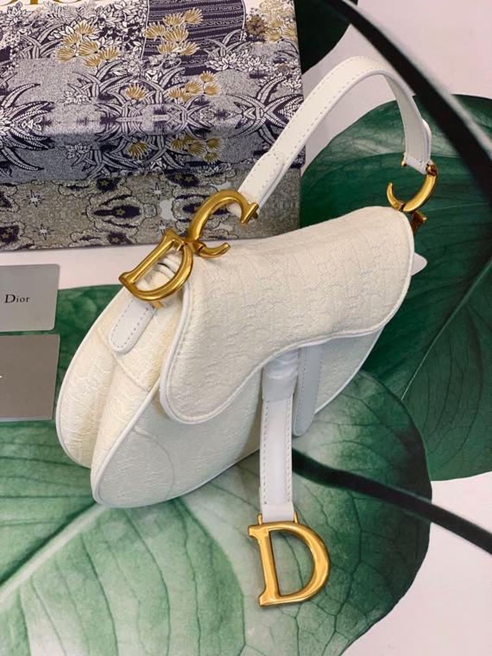 DI Saddle Bag White Oblique Embroidered Canvas Gold Toned Hardware For Women 21cm/8.5in CD