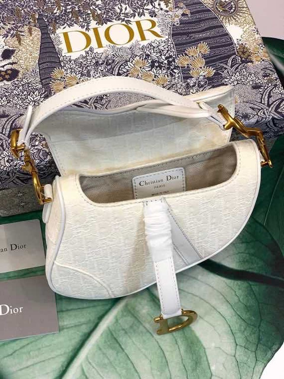 DI Saddle Bag White Oblique Embroidered Canvas Gold Toned Hardware For Women 21cm/8.5in CD