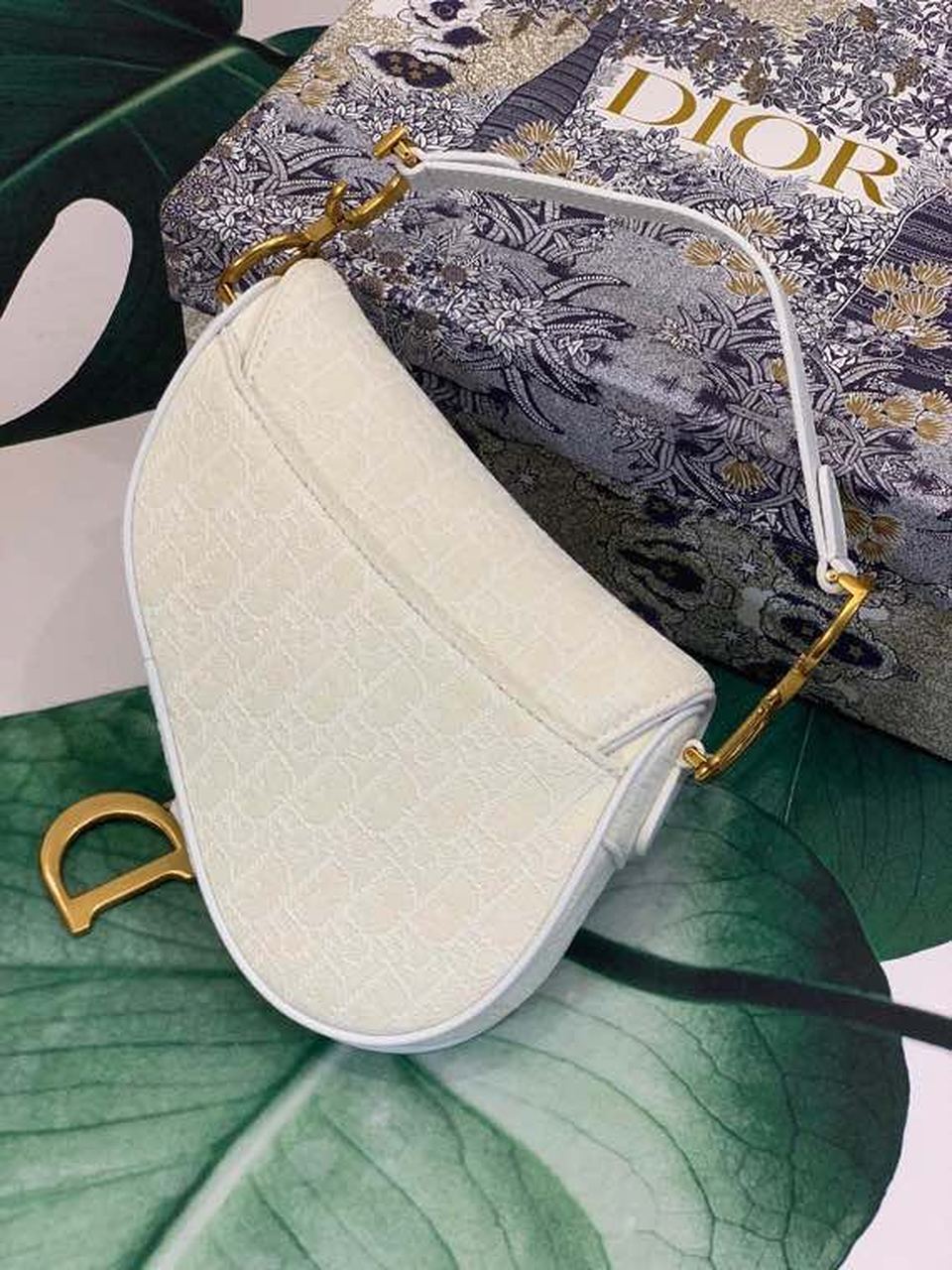 DI Saddle Bag White Oblique Embroidered Canvas Gold Toned Hardware For Women 21cm/8.5in CD