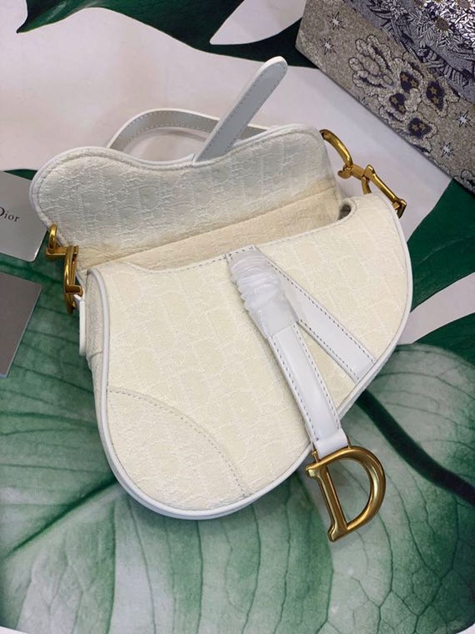 DI Saddle Bag White Oblique Embroidered Canvas Gold Toned Hardware For Women 21cm/8.5in CD