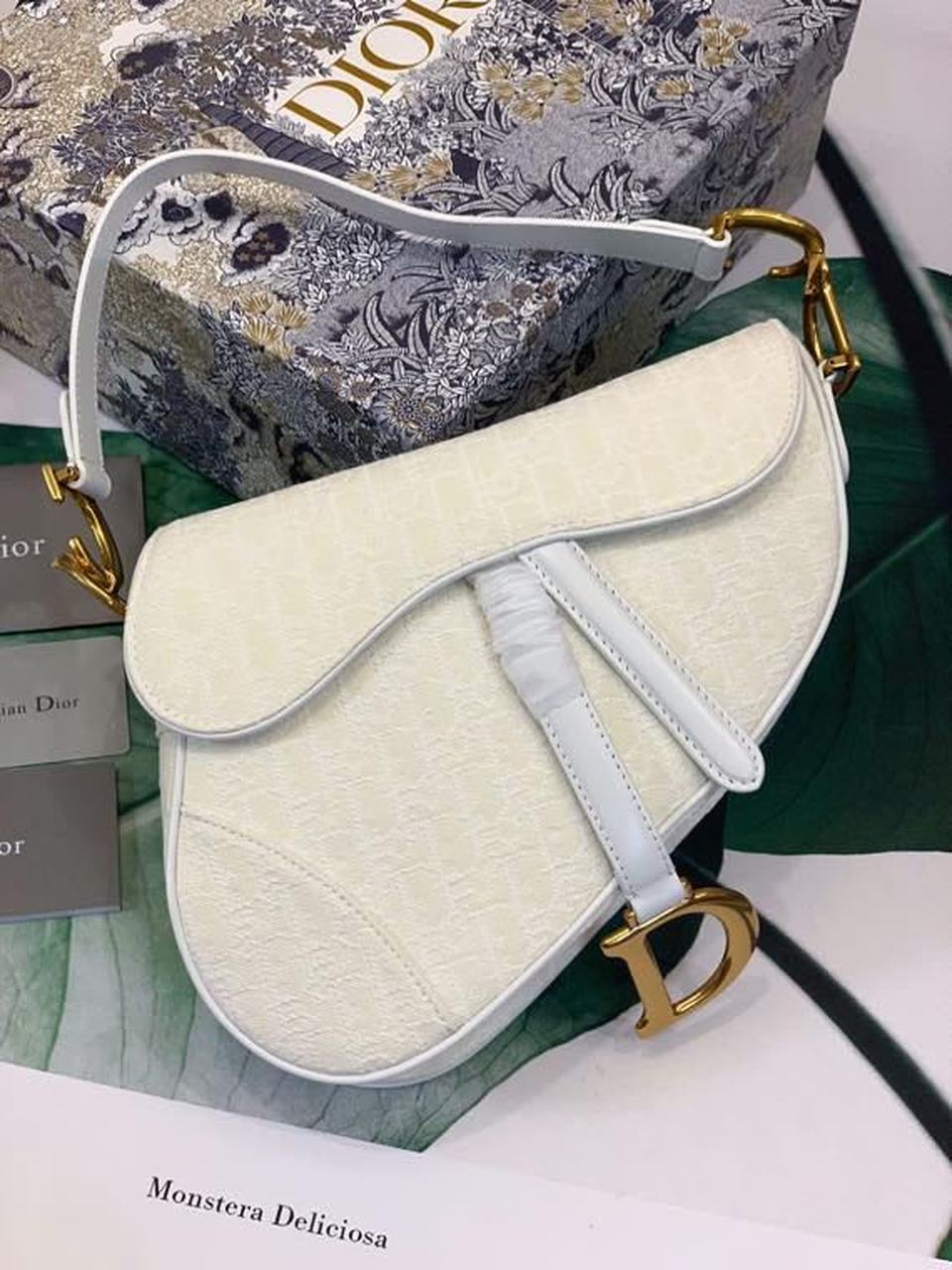 DI Saddle Bag White Oblique Embroidered Canvas Gold Toned Hardware For Women 25cm/10in CD
